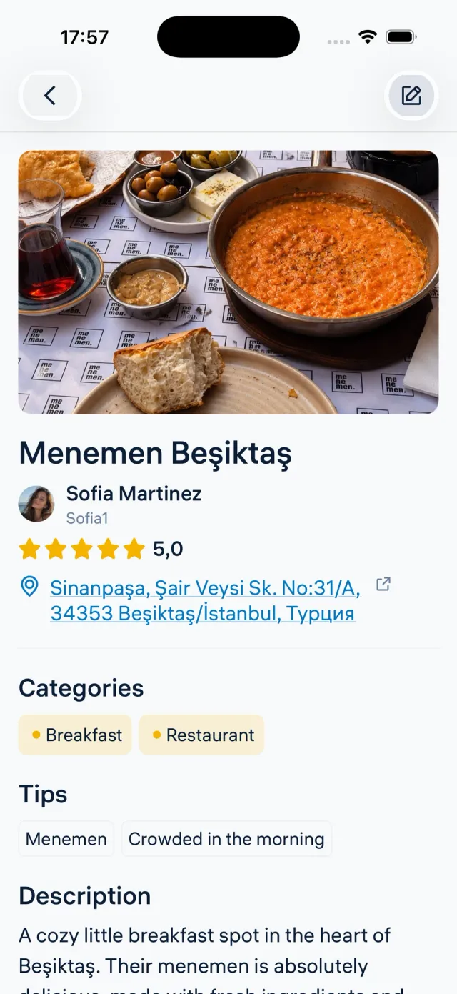 A place with its photo, rating, categories, tips and description